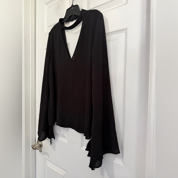 Lush Black V-neck Blouse XL Bell Tie Sleeves Flowy Choker Date Night Out Dressy - Picture 6 of 9